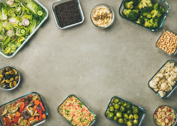 Various healthy vegan or vegetarian dishes and ingredients, copy space - Stock Photo - Images