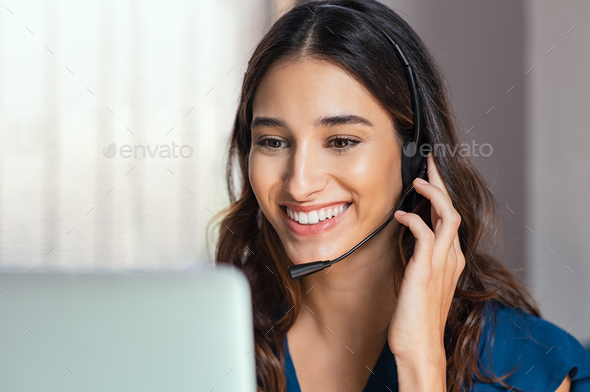 Call center operator with headphones - Stock Photo - Images
