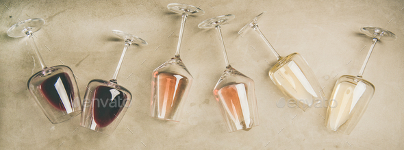 Different wines in glasses and corkscrews, top view - Stock Photo - Images