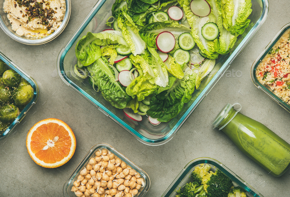Healthy vegan dishes and juice in bottle, top view - Stock Photo - Images