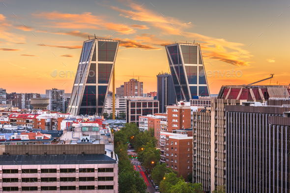 Madrid Spain Financial District Skyline At Dusk Stock Photo By Seanpavonephoto