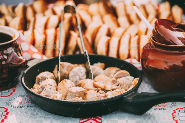 Dishes Of The Traditional Belarusian Cuisine - Fried Bacon And M Stock ...