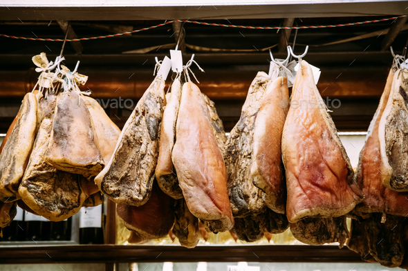 Hanging Ham Or Gammon Meat In Shop