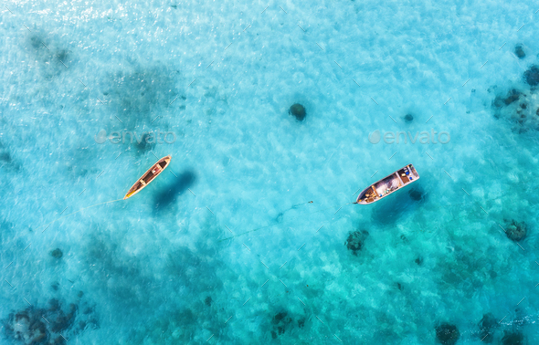 Aerial View Of The Fishing Boats In Clear Blue Water Stock Photo By Den Belitsky