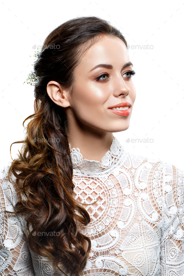 beautiful brunette girl with natural makeup isolated on white - Stock Photo - Images