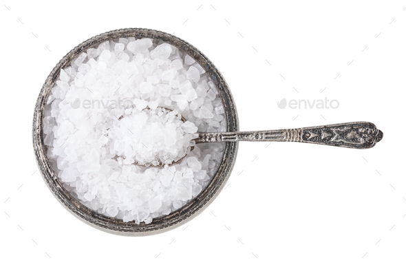 silver salt cellar with spoon with coarse Sea Salt