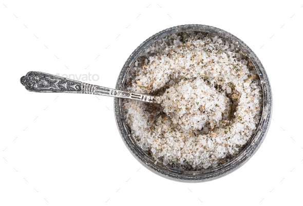 silver salt cellar with spoon with seasoned salt