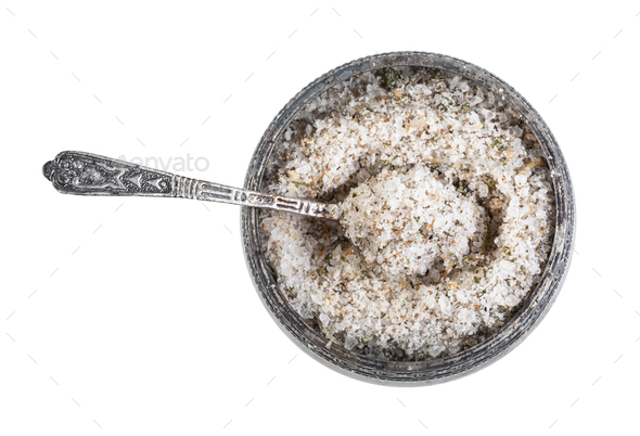 Spices And Herbs In Old Spoons Isolated On White Background Stock