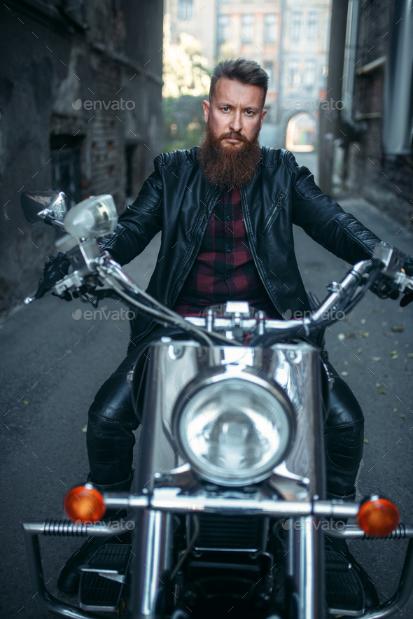 Bearded Biker On Classical Chopper, Front View Stock Photo By Nomadsoul1