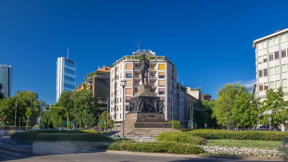 Statue of Giuseppe Verdi in the Front of Casa Verdi Timelapse Hyperlapse Milan Italy alt