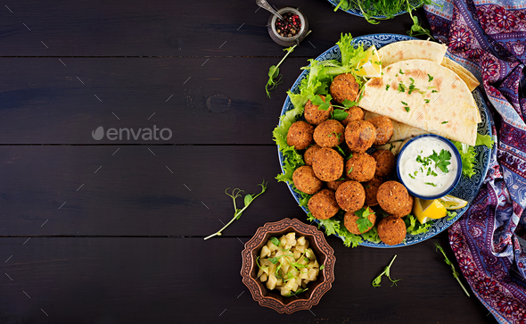 Falafel, hummus and pita. Middle eastern or arabic dishes