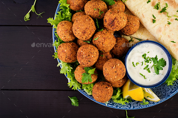 Falafel, hummus and pita. Middle eastern or arabic dishes