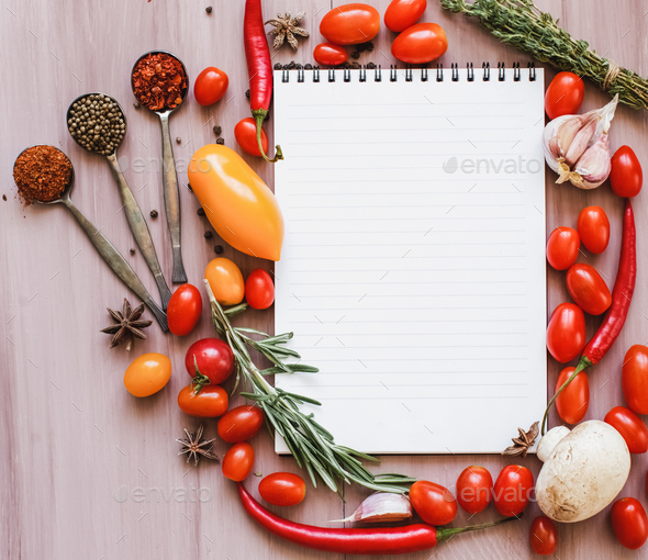 Vegetable Background With A Recipe Book Copy Space Stock Photo By Mediagroupbestforyou