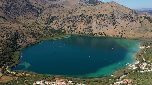 Lake Kurnas Greece Crete. Freshwater Lake in Greece Aerial View. Panormany Aerial View of Lake Crete