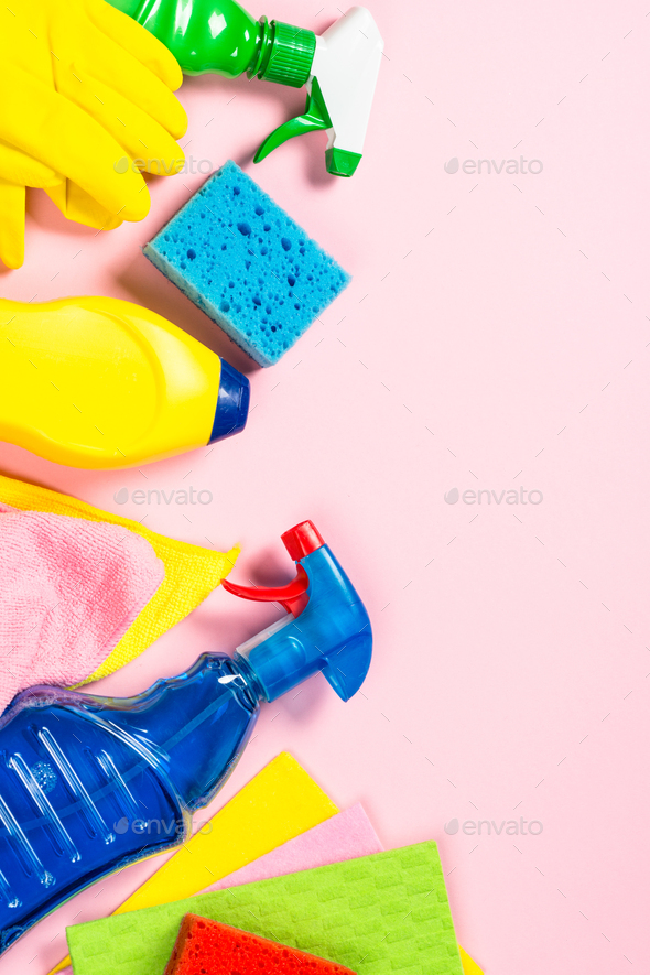 Cleaning product, household on pink top view