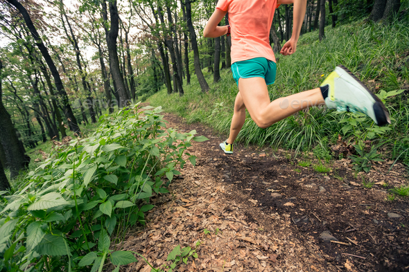 Woman trail running in green forest. Endurance sport.