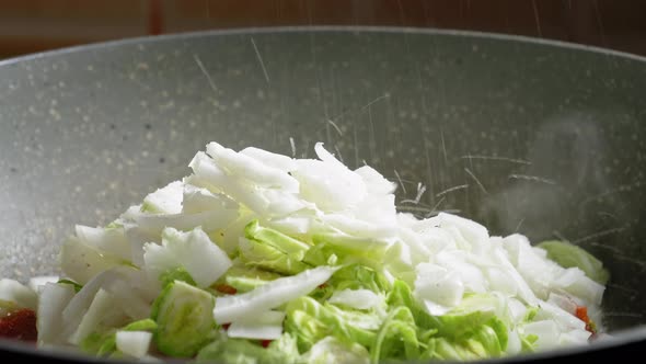 Seasoning Chopped Vegetables And Chicken Cooking In A Pan. close up alt