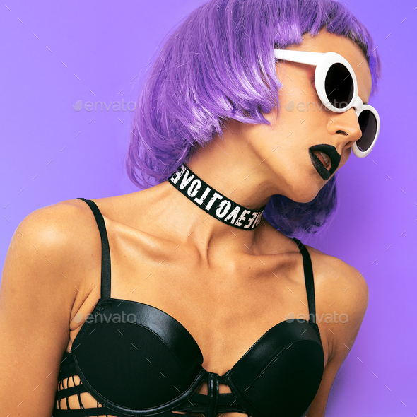 Purple fashion vibes. Model with purple hair. Clubbing outfit Stock Photo  by EvgeniyaPorechenskaya