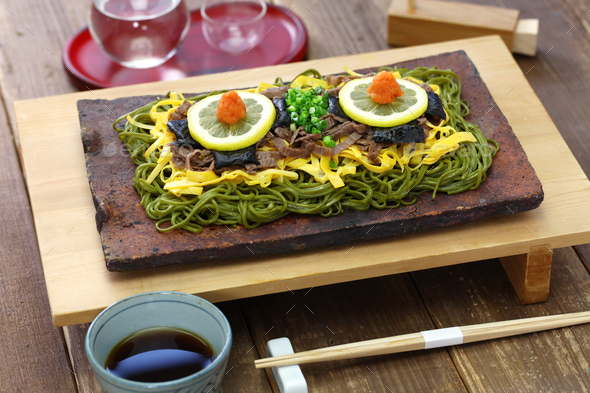 Kawara Soba Japanese Local Food Fried Green Tea Buckwheat Noodles On Roof Tile Stock Photo By Motghnit