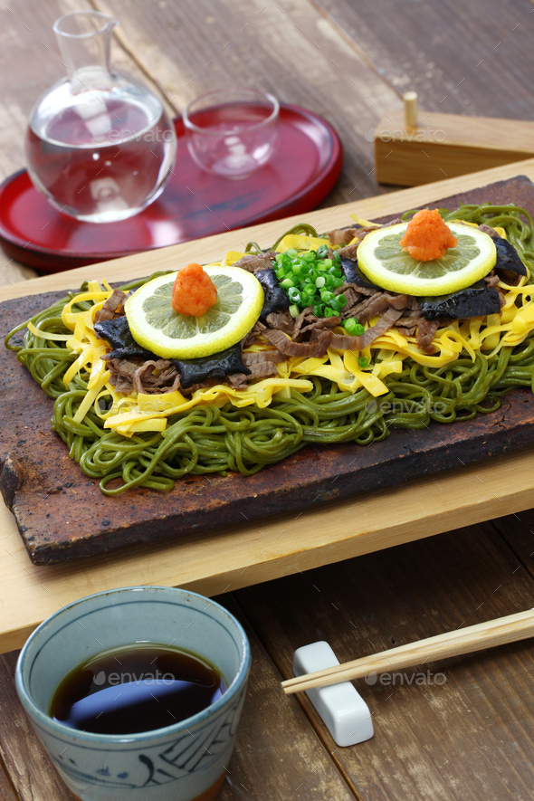 kawara soba, japanese local food, fried green tea buckwheat noodles on roof tile