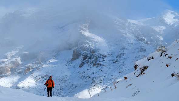 Man Hiker View Of Snowy Mountains alt