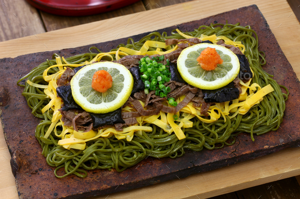 kawara soba, japanese local food, fried green tea buckwheat noodles on roof tile