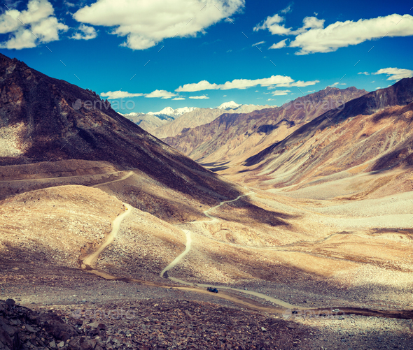 Himalayan landscape with road, Ladakh, India - Stock Photo - Images
