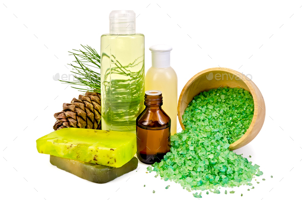 Oil with toiletries and cedar cones - Stock Photo - Images