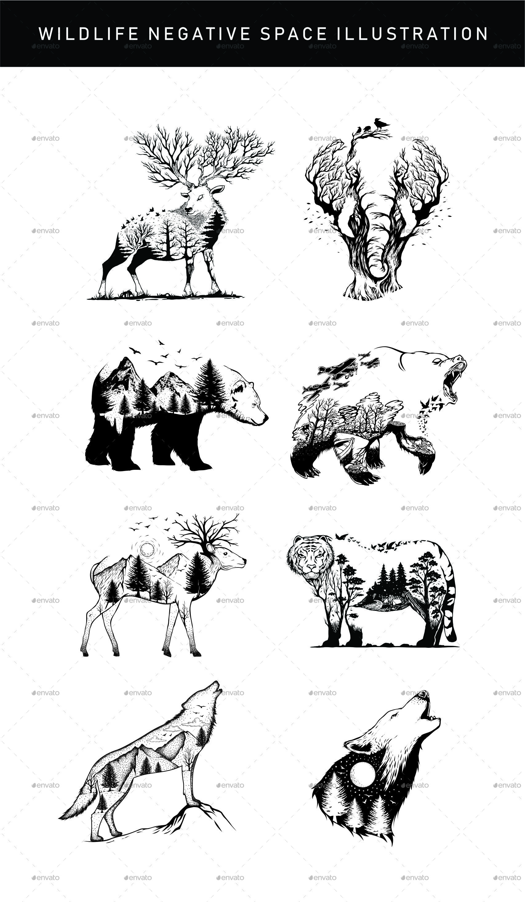 WILDLIFE NEGATIVE SPACE ILLUSTRATION, Vectors | GraphicRiver