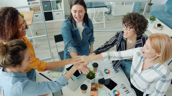 Multiethnic Group of Women Joining Hands Then Applauding and Doing Highfive Indoors in Office alt