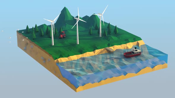 An ecologic concept with mountains, green trees, and modern wind turbines.