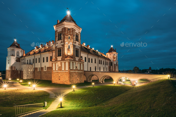 Mir, Belarus. Castle Complex Mir In Evening Or Night Illuminatio - Stock Photo - Images
