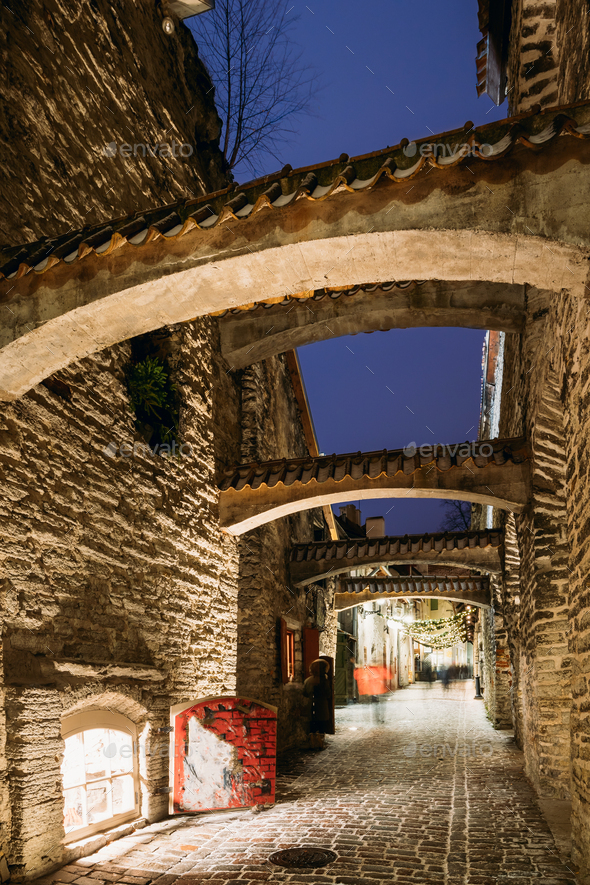Tallinn, Estonia, Europe. St. Catherine's Passage At Winter Even - Stock Photo - Images