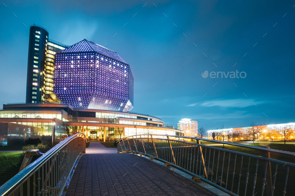 Minsk, Belarus. National Library Building In Evening Night Illum - Stock Photo - Images