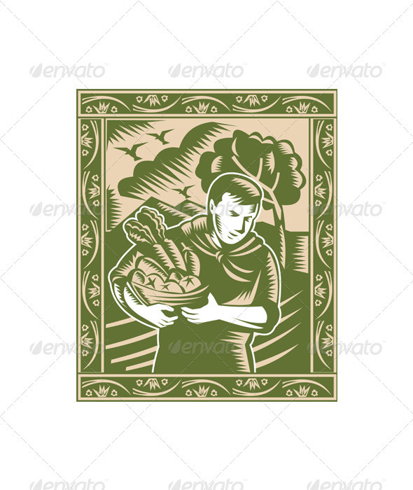 Organic Farmer With Basket Harvest Crops Retro - Business Conceptual