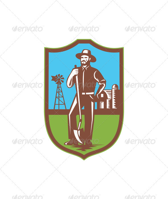 Farmer With Spade Windmill Farm Barn Retro - People Characters
