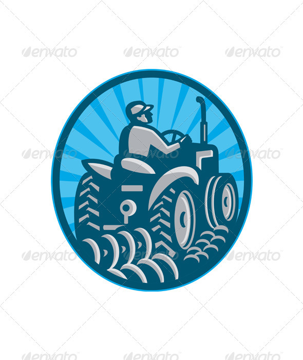 Farmer Plowing With Tractor Retro