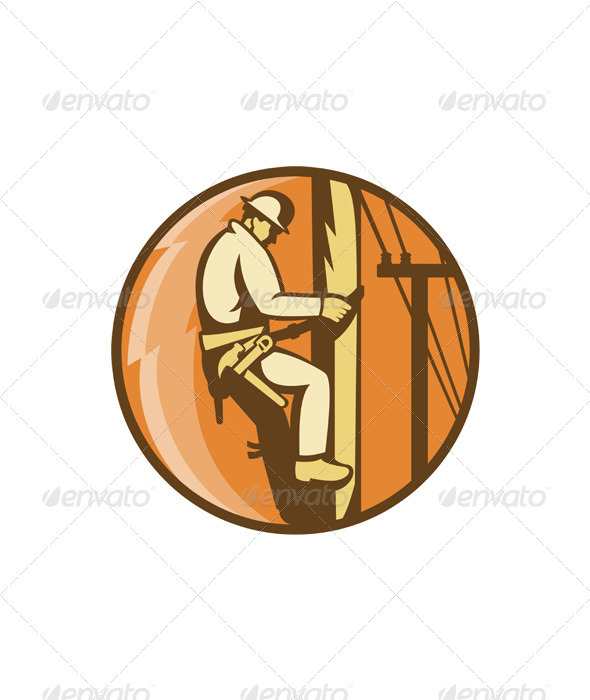 Power Lineman Electrician Climbing Utility Post - People Characters