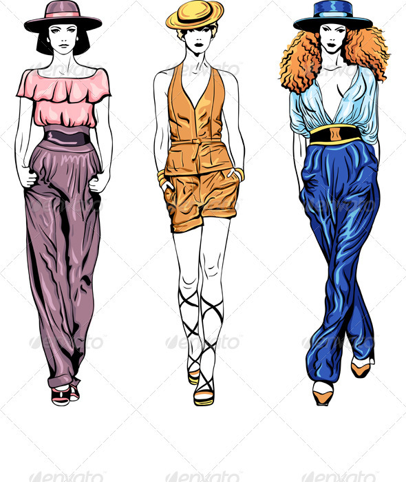 Vector Set Fashion Top Models in Trouser Suits - People Characters