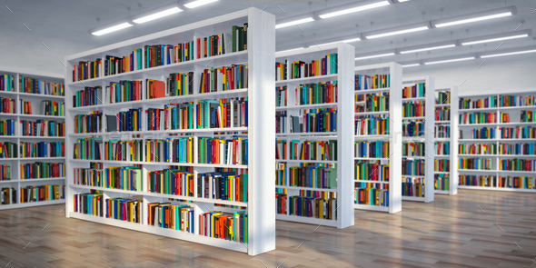 Library. Background from white bookshelves with books and textb Stock Photo  by maxxyustas