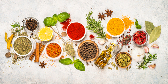 Set of various spices and herbs top view