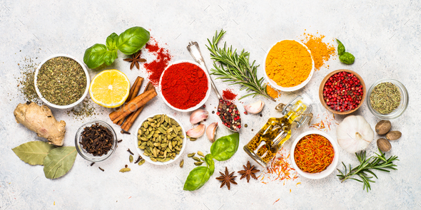 Set of various spices and herbs top view