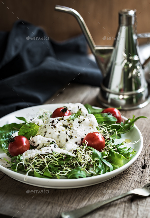Burrata with Cherry Tomatoes and Alfalfa Sprouts