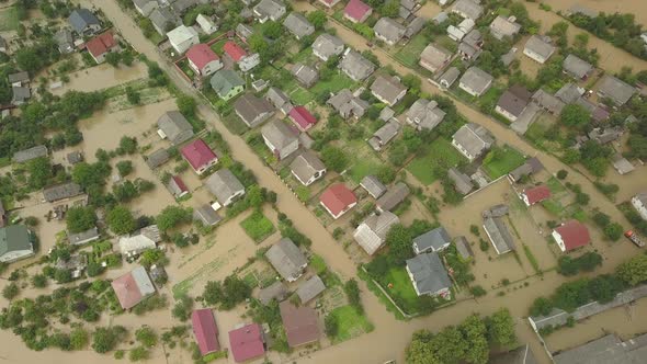 Natural Disasters. Destructive Flood After Torrential Rains. Top View of Flooded City, Cars and