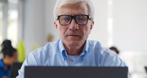 Mature Businessman Using Laptop Working in Modern Office alt