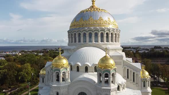 Aerial View of Orthodox Naval Cathedral of St. Nicholas. Built in 1903-1913. Kronshtadt, St