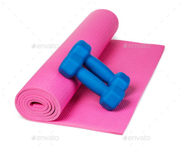 Yoga mat and dumbbells Stock Photo by gresei