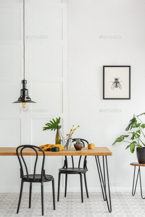 Vertical view of black and white dining room interior with green accents