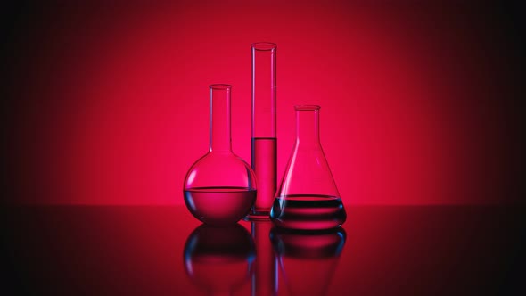 Three different laboratory glassware pieces on a dark pink background. 4KHD