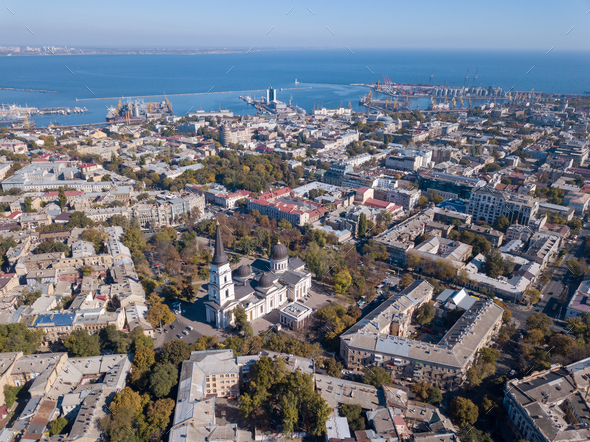 Panoramic view of the Black Sea with the port and the city from Spaso-Preobrazhensky. Cathedral - Stock Photo - Images